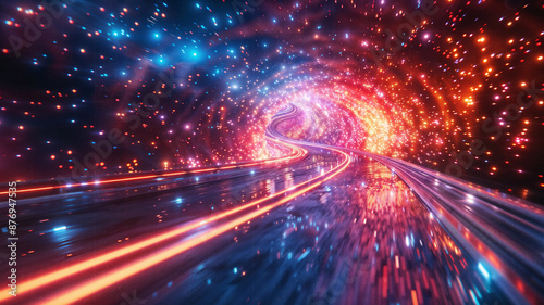 Sfondo digitale astratto con particelle e luci colorate che viaggiano alla velocità della luce © Wabisabi