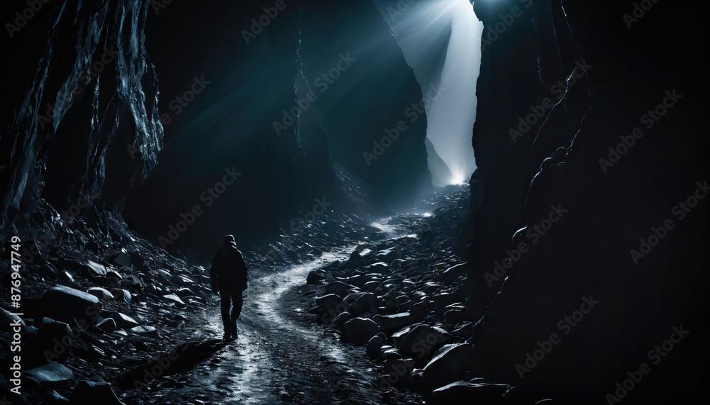 Fototapeta premium Canyon Roams in Cloudy Winter: The Seeker's Excursion Immersed in Landslide