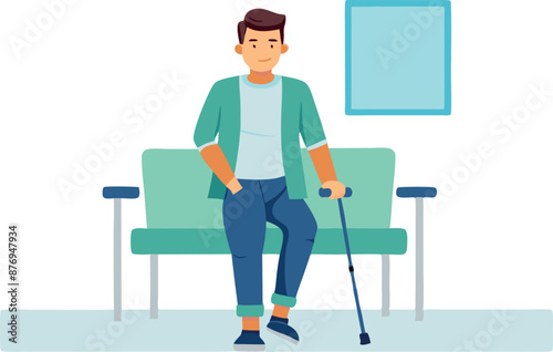 Man Sitting With Crutches In Medical Facility Waiting Area