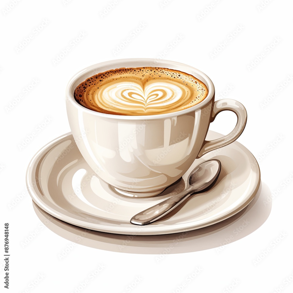 An illustration of a cup of coffee with cream on a white background. The coffee is in a white cup and has a foamy top. There is a silver spoon on the saucer next to the cup. An illustration of a cup of coffee with cream on a white background. The coffee is in a white cup and has a foamy top. There is a silver spoon on the saucer next to the cup.