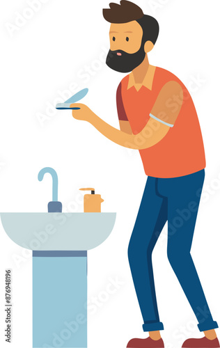 Illustration of Man Brushing Teeth at Bathroom Sink