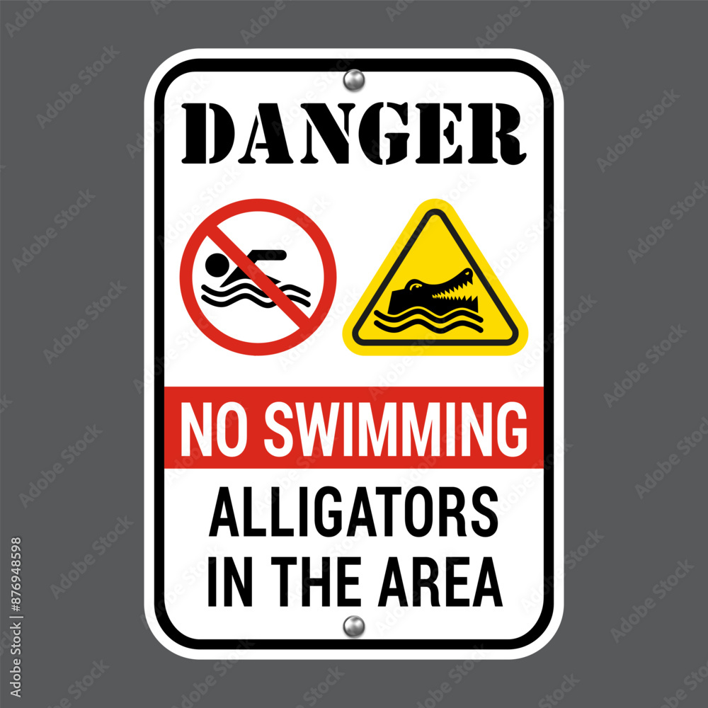 Obraz premium Danger No Swimming Crocodiles sign and symbol. Cartoon crocodile or carnivore reptile warning sign for beach, river people in the water or ocean zone. Eps10 vector illustration.