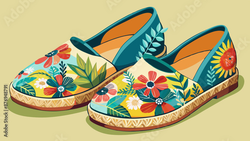 A pair of espadrilles with a floral print, perfect for spring strolls. Concept of seasonal footwear and comfort