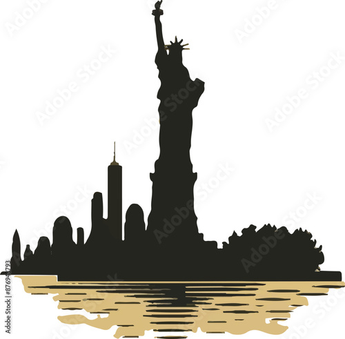 A black and white statue of new york city vector art logo design