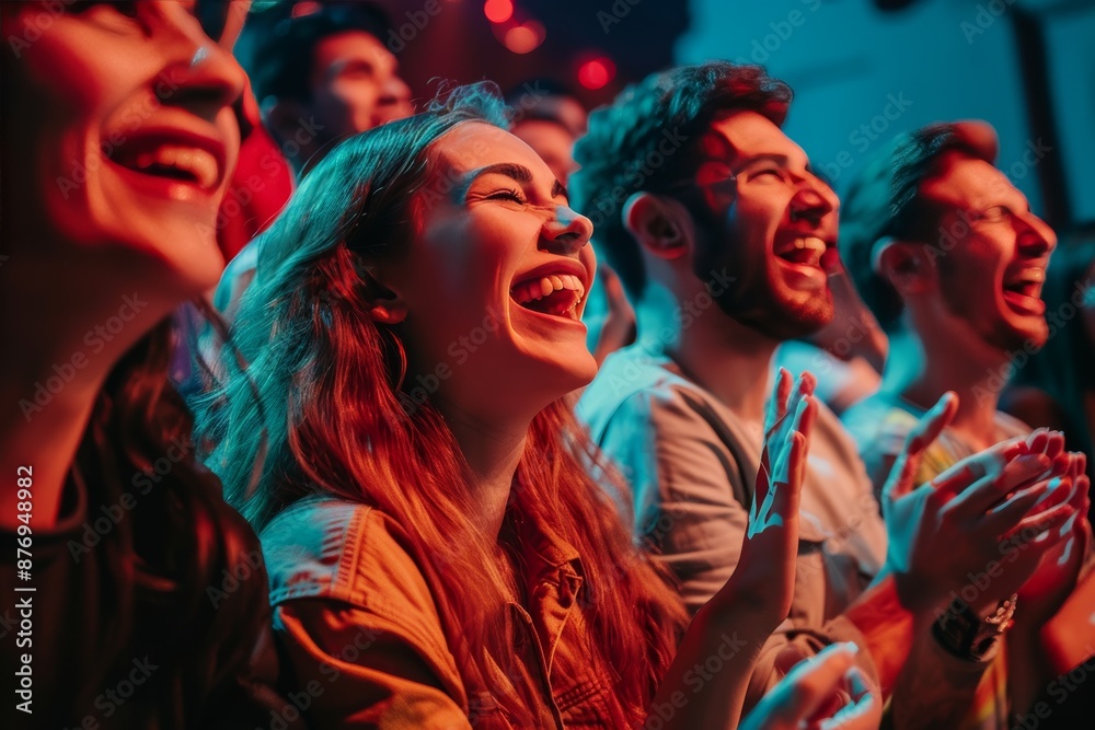 Fototapeta premium Happy audience laughing and applauding at a live show.