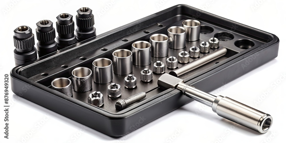 Torx drive bit and aluminum bit driver on black sorting tray with screws, magnetic bit socket Torx drive bit and aluminum bit driver on black sorting tray with screws, magnetic bit socket