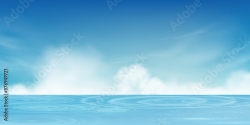 Sky Blue,Cloud Background,Horizon Spring Clear Sky in Morning by Swimming Pool,Vector beautiful landscape nature sunrise in Summer,Backdrop panoramic banner white clouds over blue ocean