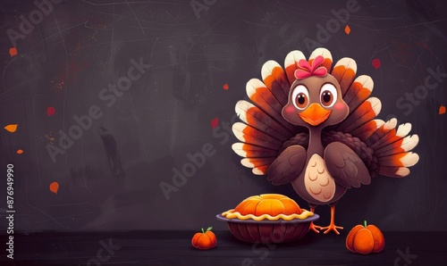 Happy Thanksgiving. Cute funny character Thanksgiving turkey holding sweet pie isolated on dark background.Festive banner, greeting card, copy space.