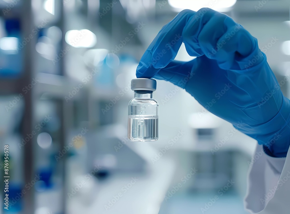 Close up of a scientist's hand holding a small vial containing DNA, with blue gloves and a white coat in the background Close up of a scientist's hand holding a small vial containing DNA, with blue gloves and a white coat in the background