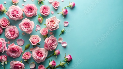 Delicate pink roses scattered on a soft light blue background, perfect for celebrating Mother's Day, Valentine's Day, or birthdays with loved ones.