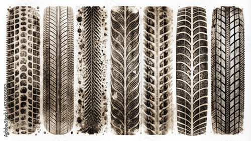 Wallpaper Mural Assorted tire tracks from car, bike, and motorcycle wheels with grunge effect on white background, showcasing rubber protector marks top view. Torontodigital.ca