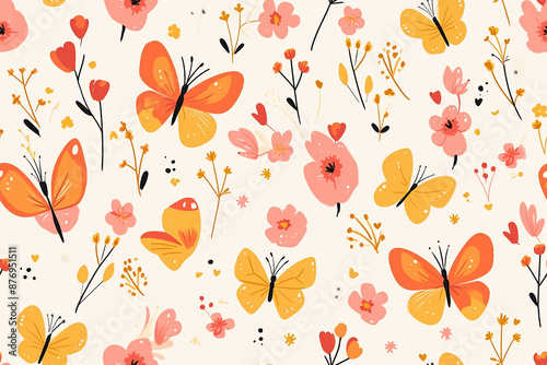 A playful pattern featuring orange and yellow butterflies among pink and peach flowers on a light background. The design is whimsical and cheerful.