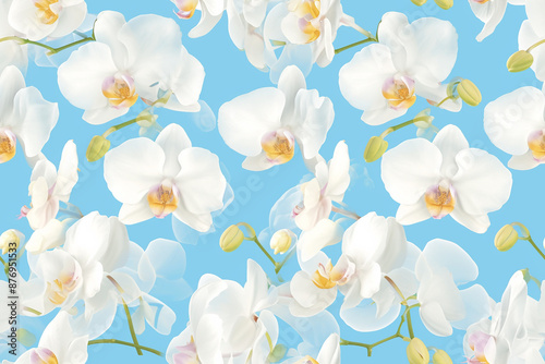 A seamless pattern with white orchids and green buds on a light blue background. The design is elegant and refined, perfect for a sophisticated look.