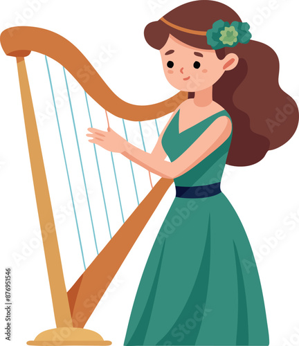 Illustration of a Woman Playing Harp in Green Dress