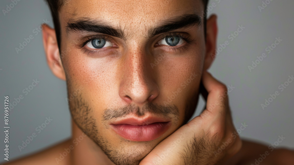 Close-up of a handsome man posing against a gray wall background. Young male model indoors. The beauty of fashion and style. Close-up of a handsome man posing against a gray wall background. Young male model indoors. The beauty of fashion and style.