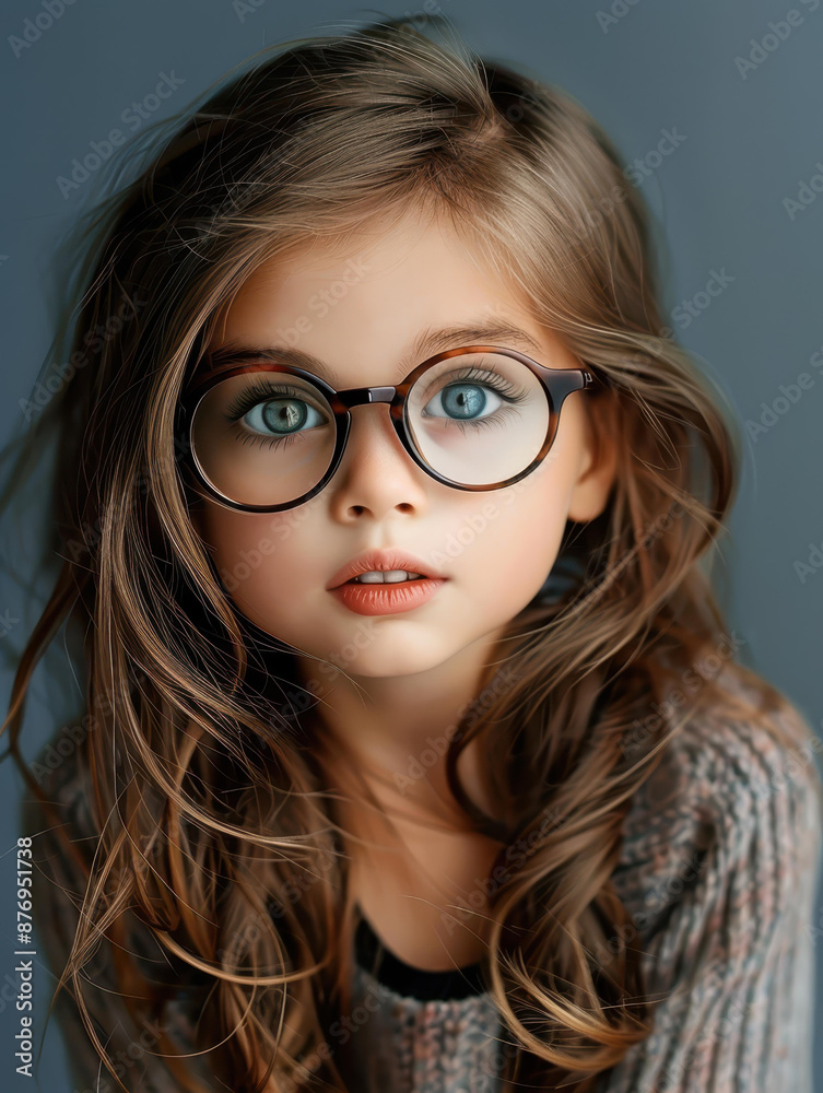 Adorable little girl with glasses and long hair captured in a closeup shot. Adorable little girl with glasses and long hair captured in a closeup shot.
