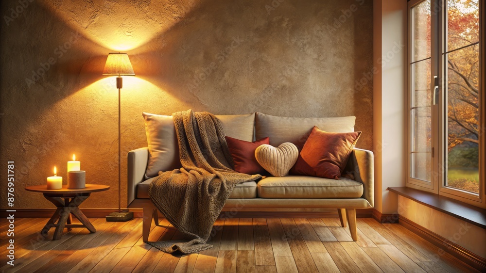 Fototapeta premium Cozy living room with a warm lighting, soft cushions, and a gentle focus on a vacant lap, conveying love and comfort.