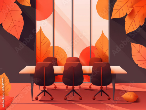 Office boardroom, autumn leaves in the background, flat design illustration