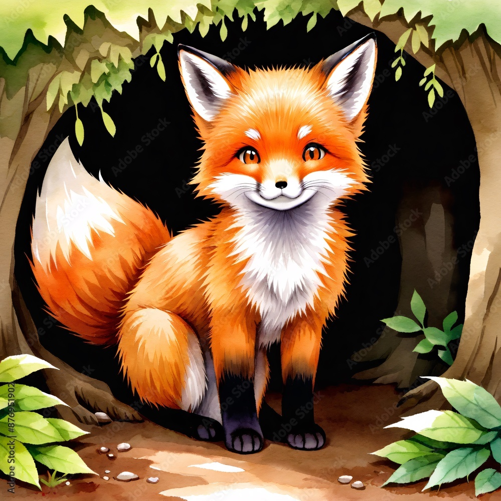 Obraz premium Adorable red fox kit exploring its watercolor forest den