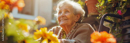 Cheerful old woman in a retirement home garden. Senior lady in a wheelchair admiring blossoming flowers outdoors. Housing facility intended for the elderly people.