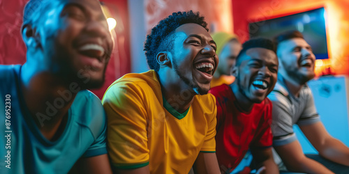 Young people watching football match in front of TV. Excited friends celebrating the victory of their team. Sports fans chanting and cheering for their soccer team.