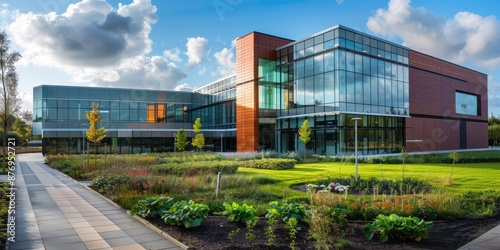 A modern glass building with vibrant landscaping represents contemporary urban design in the sunlight AIG59 photo