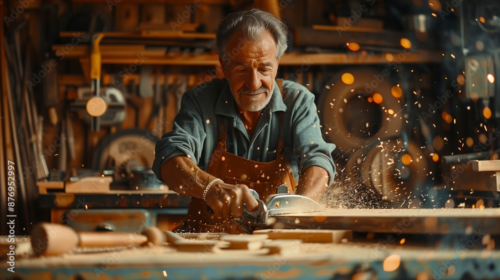 male builder cutting wood with a circular saw machine, with a backdrop of organized tools and wood pieces male builder cutting wood with a circular saw machine, with a backdrop of organized tools and wood pieces