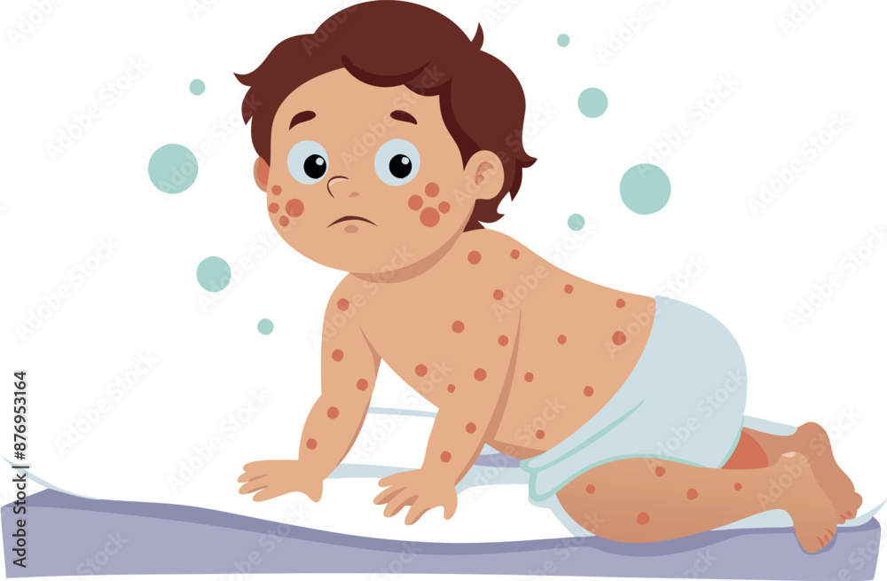 Sad Baby with Chickenpox Rash on Crawling Mat Sad Baby with Chickenpox Rash on Crawling Mat