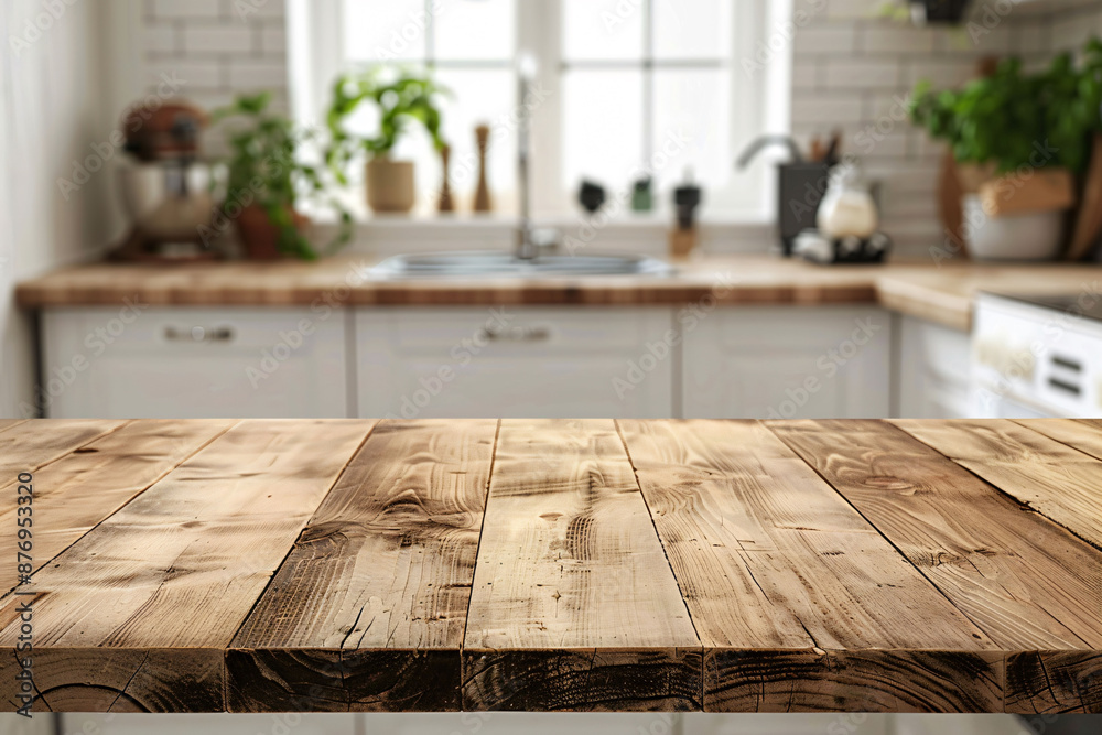Empty wooden table and blurred kitchen background Empty wooden table and blurred kitchen background