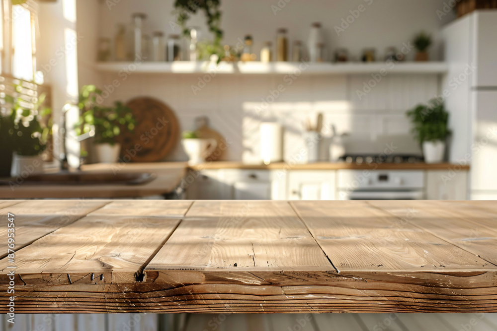 Empty wooden table and blurred kitchen background Empty wooden table and blurred kitchen background