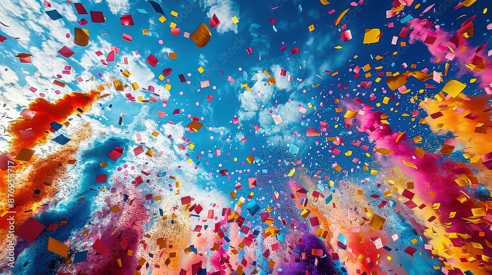 A vibrant explosion of colorful confetti fills the bright blue sky, creating a festive and joyful scene as various shades of pink, orange, and blue pieces float exuberantly. A vibrant explosion of colorful confetti fills the bright blue sky, creating a festive and joyful scene as various shades of pink, orange, and blue pieces float exuberantly.