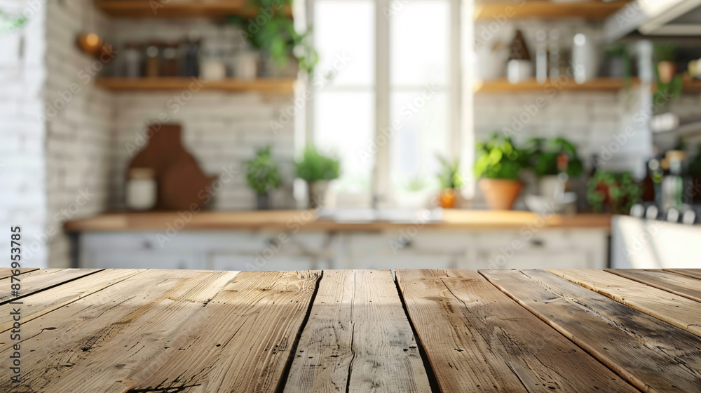 Empty wooden table and blurred kitchen background Empty wooden table and blurred kitchen background