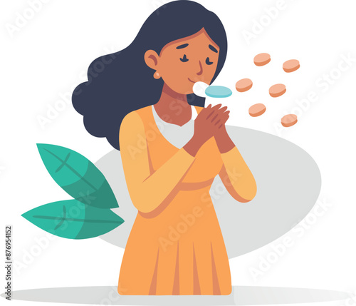 Woman Sneezing Due To Allergies With Floating Pills