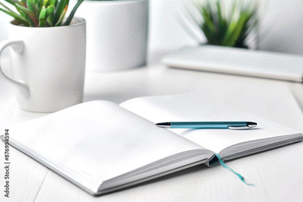 Open notebook with a pen on a white desk, surrounded by minimalistic decor including plants and a cup. Perfect for writing or planning. Open notebook with a pen on a white desk, surrounded by minimalistic decor including plants and a cup. Perfect for writing or planning.