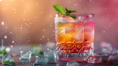 Artistic glass of cocktail with pink and orange hues, ice cubes, mint leaf, gradient color background, minimalistic photography.