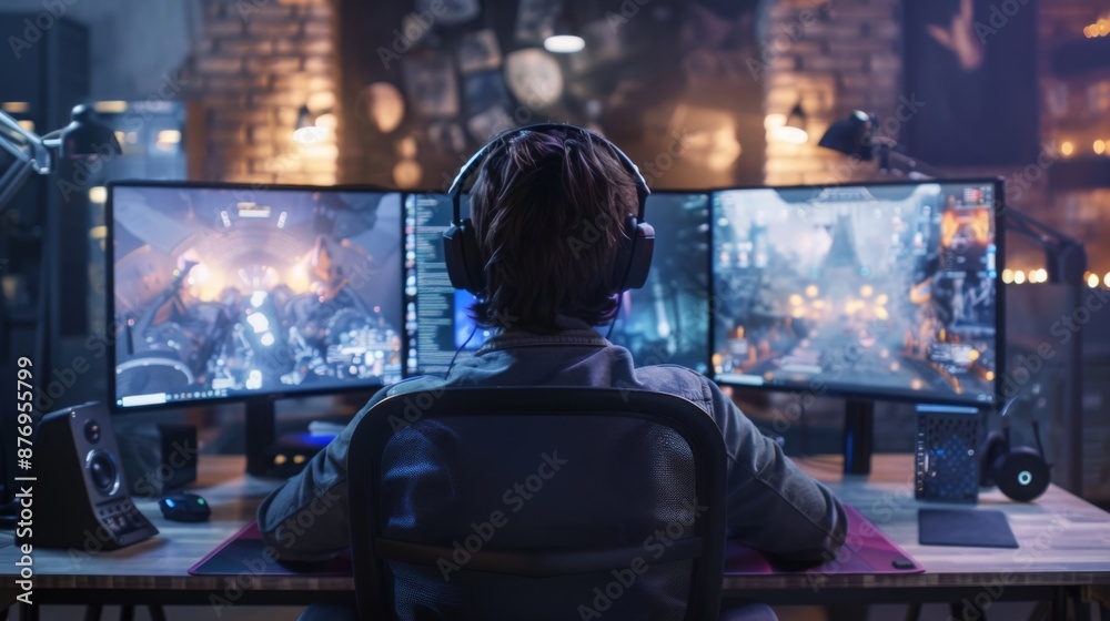 A person wearing headphones is playing a video game on three monitors in a dimly lit room. A person wearing headphones is playing a video game on three monitors in a dimly lit room.