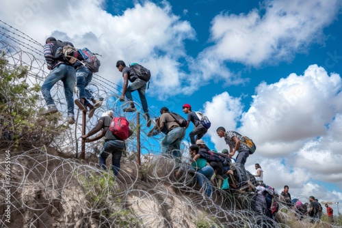 Illegal immigrants crossing border fence with barbed wire hole.