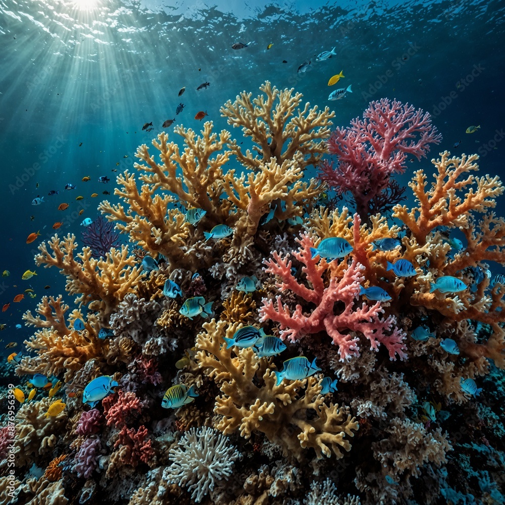 Obraz premium Beneath the rippling waves lies a bustling coral reef teeming with life, a vibrant and colorful underwater ecosystem. In this stunning photograph, the reef is a kaleidoscope of hues