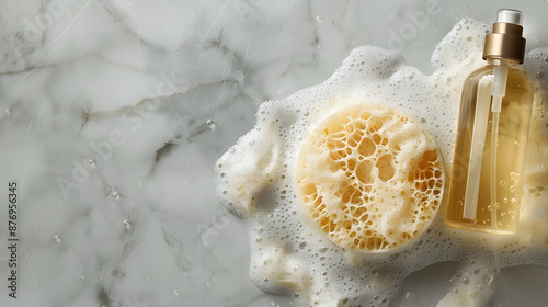 Loofah sponge with soap and bubbles, with copy space