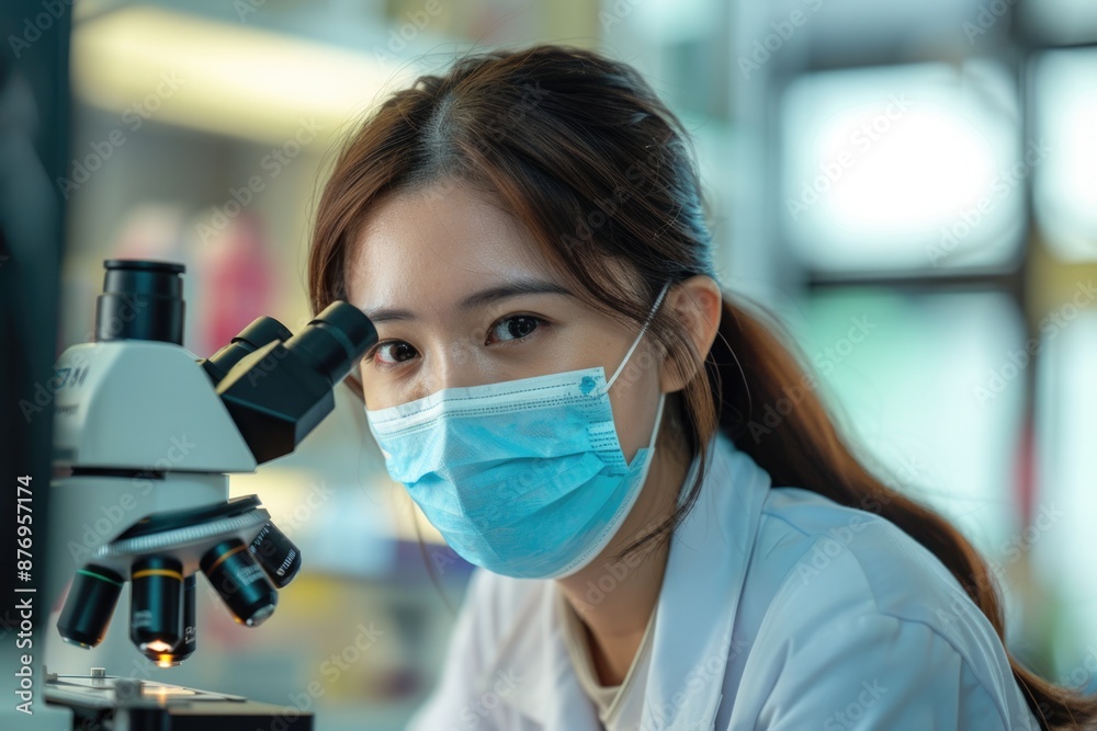 Lab Assistant: Asian Female Concentratedly Conducting Research with Microscope in Hospital Laboratory Lab Assistant: Asian Female Concentratedly Conducting Research with Microscope in Hospital Laboratory