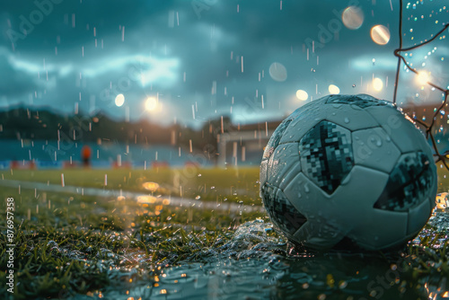 Close-up soccer ball on the field during a heavy rain, with stadium lights glowing in the background photo