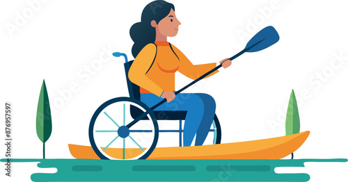 Woman In Wheelchair Kayaking On Calm Water Illustration