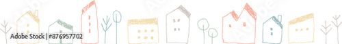 並んだかわいい家の手描きの線画_横長_くすみカラー5色