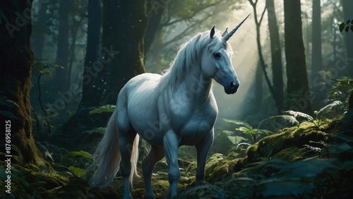 Majestic white unicorn with spiraling horn staniding in the mystical misty forest surrounded by trees. Mythical monocerus single horned horse creature fantasy illustration concept wallpaper. © Leon K