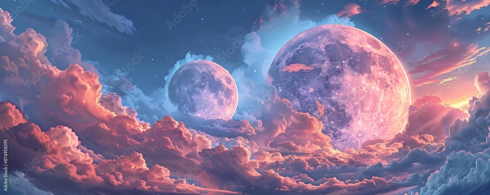 An enchanting moon among swirling clouds in hues of pink and blue, rendered with exquisite detail in a fantasy anime style. An enchanting moon among swirling clouds in hues of pink and blue, rendered with exquisite detail in a fantasy anime style.