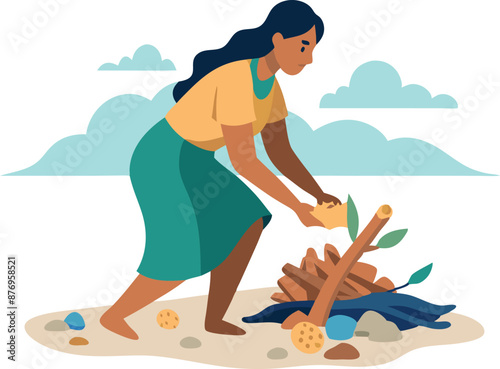 Woman Preparing Campfire on Beach with Calm Sky Background