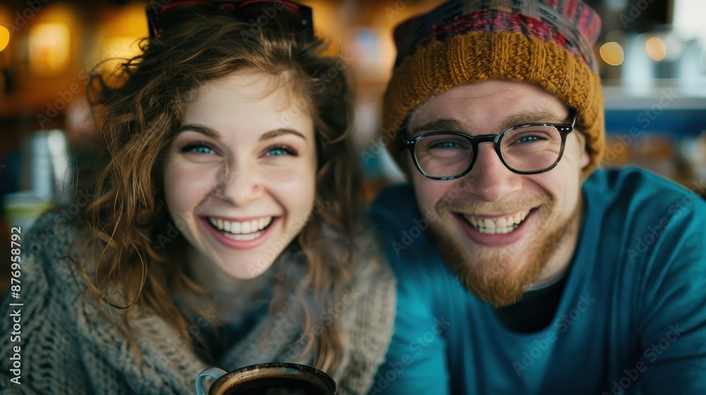 Happy Young Couple Enjoying Coffee Together in a Cozy Cafe with Warm Lighting and Smiling Faces Happy Young Couple Enjoying Coffee Together in a Cozy Cafe with Warm Lighting and Smiling Faces