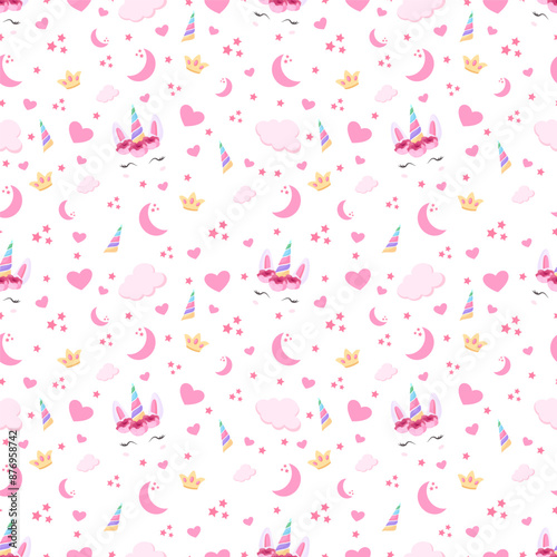 Unicorn colourful background seamless pattern. Cute Cartoon Unicorns Seamless Pattern. Unicorn Animal And Rainbow. Kids Birthday And Baby Shower Love Vector