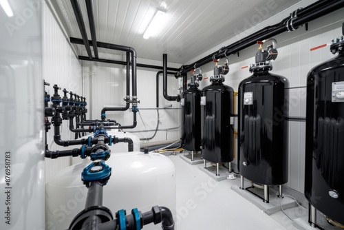 Modern Industrial Water Treatment Facility with Filtration Systems and Piping