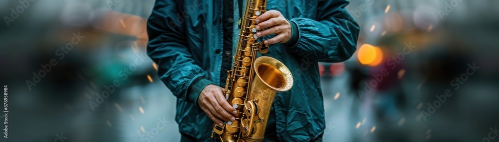 Obraz premium Close-up of Musician Playing Saxophone on City Street with Blurred Background and Bokeh Lights